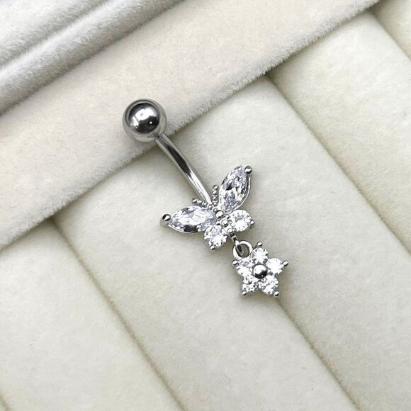 316L Stainless Steel with Diamond Cubic Zirconia Flower and Butterfly Belly Ring - Picture 3 of 7